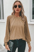 Contrast Lace Raglan Sleeve Plicate Round Neck Top